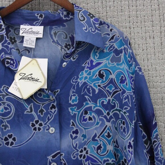Vintage Victoria SOIE Silk Shirt Womens 1X Purple Button Down Floral Pattern NWT - Picture 2 of 9